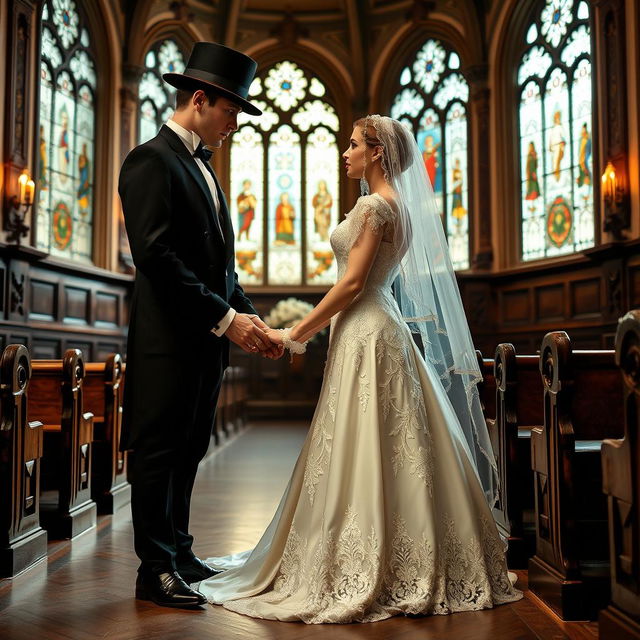 A historical wedding scene showcasing a couple in vintage attire