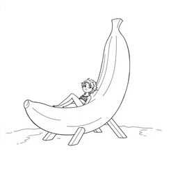 Black and white surreal coloring book illustration depicting a girl sunbathing on a beach chair made from a giant banana