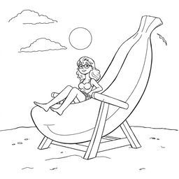 Black and white surreal coloring book illustration depicting a girl sunbathing on a beach chair made from a giant banana