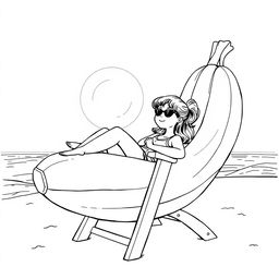 Black and white surreal coloring book illustration depicting a girl sunbathing on a beach chair made from a giant banana