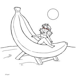 Black and white surreal coloring book illustration depicting a girl sunbathing on a beach chair made from a giant banana