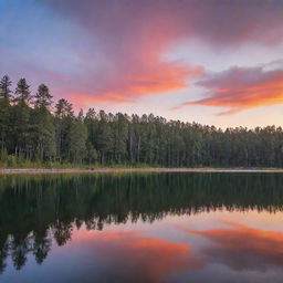 A tranquil scene of a sunset, with vibrant colors reflecting off a serene lake surrounded by towering pine trees