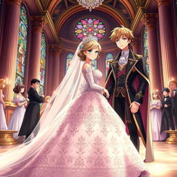 An anime-style historical wedding scene with a princess theme