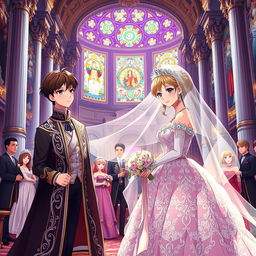 An anime-style historical wedding scene with a princess theme