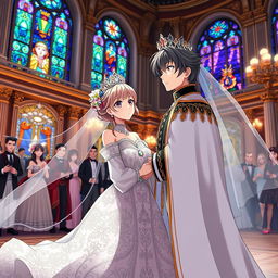 An anime-style historical wedding scene with a princess theme