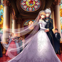 An anime-style historical wedding scene with a princess theme