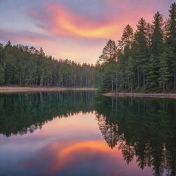 A tranquil scene of a sunset, with vibrant colors reflecting off a serene lake surrounded by towering pine trees