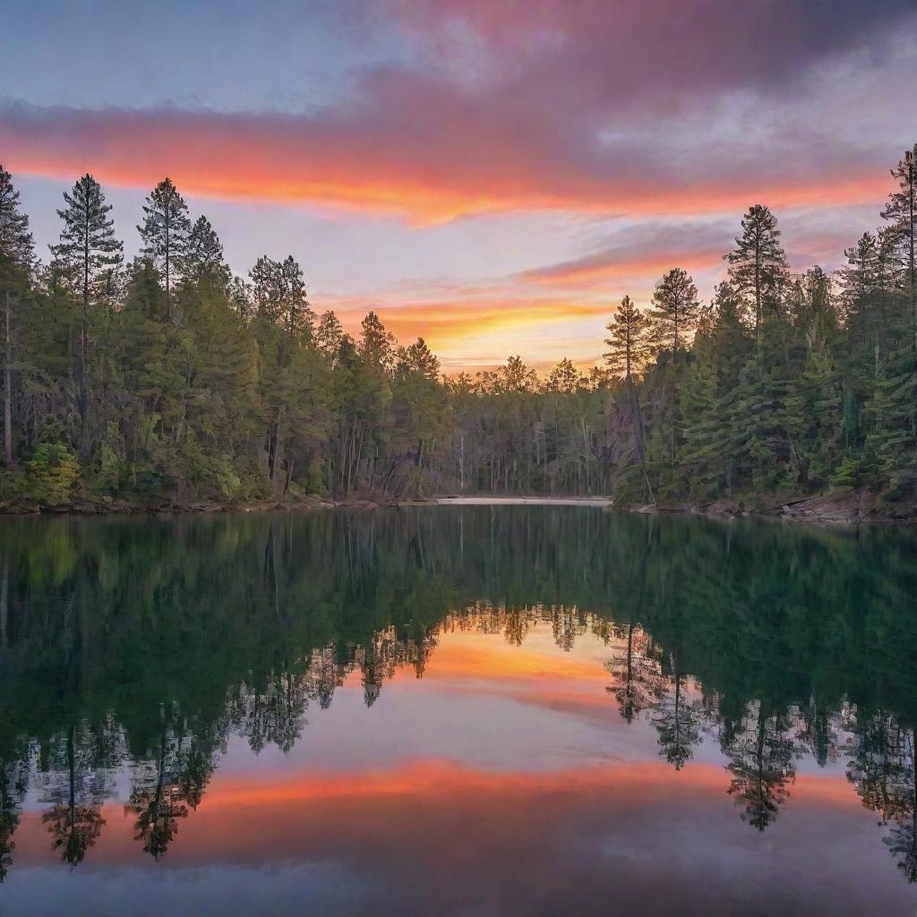 A tranquil scene of a sunset, with vibrant colors reflecting off a serene lake surrounded by towering pine trees