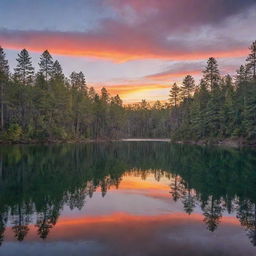 A tranquil scene of a sunset, with vibrant colors reflecting off a serene lake surrounded by towering pine trees