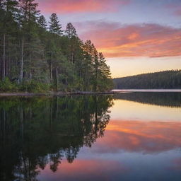 A tranquil scene of a sunset, with vibrant colors reflecting off a serene lake surrounded by towering pine trees