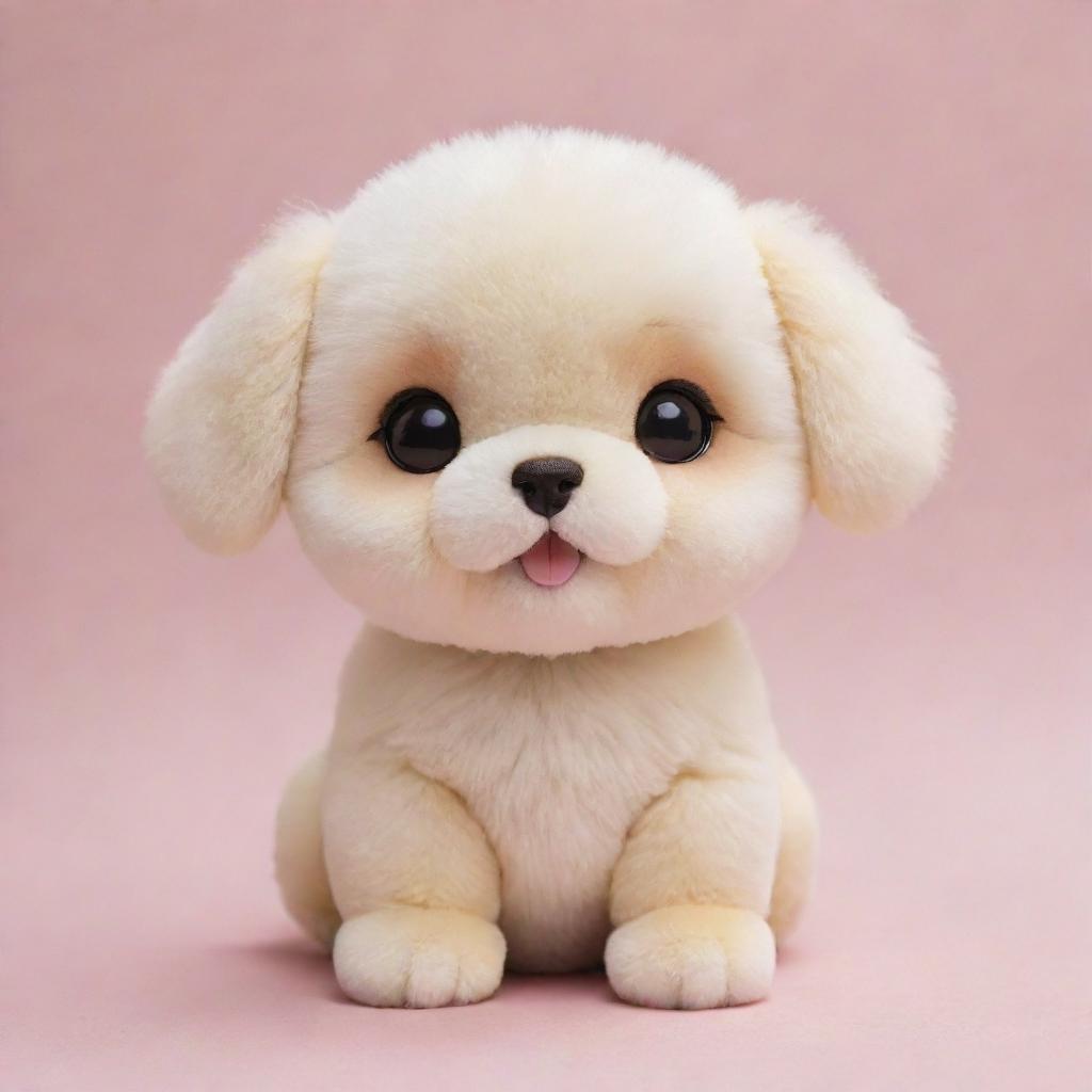 An adorable kawaii-style dog with wide, twinkling eyes and a plush, rounded body. Its fur shimmers in the light and it carries a happy and charming expression on its face.