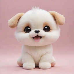 An adorable kawaii-style dog with wide, twinkling eyes and a plush, rounded body. Its fur shimmers in the light and it carries a happy and charming expression on its face.