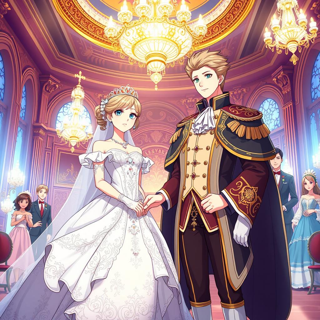 An anime-style historical wedding scene featuring a princess and a duke