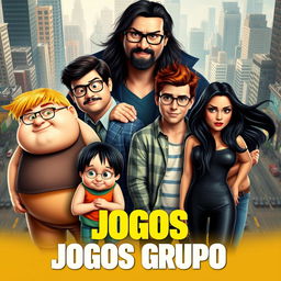 A movie poster for "Jogos Grupo" showcasing an eclectic and diverse ensemble of eight characters