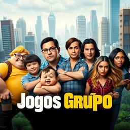 A movie poster for "Jogos Grupo" showcasing an eclectic and diverse ensemble of eight characters