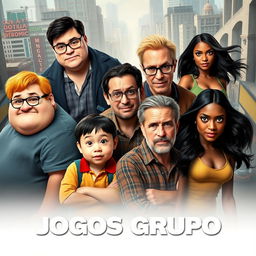 A movie poster for "Jogos Grupo" showcasing an eclectic and diverse ensemble of eight characters