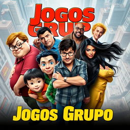 A movie poster for "Jogos Grupo" showcasing an eclectic and diverse ensemble of eight characters