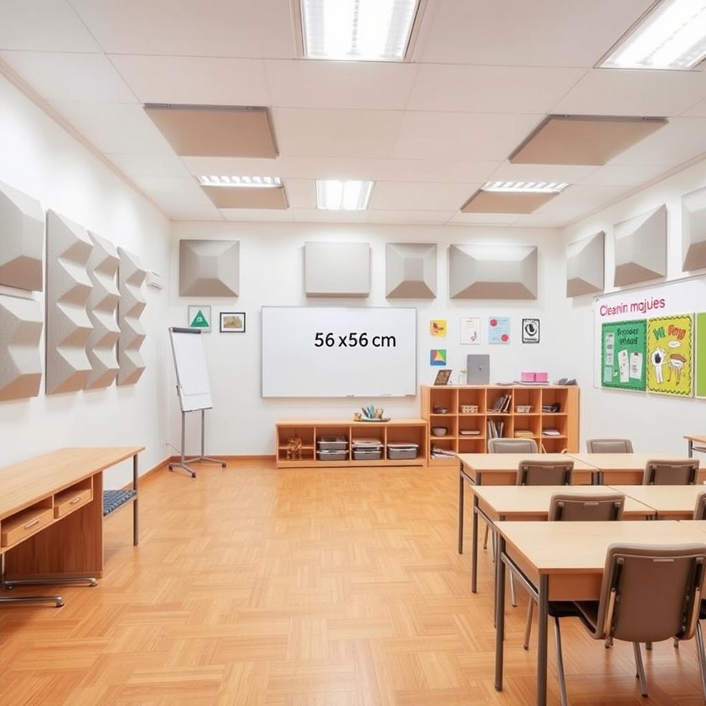 A classroom featuring acoustic panels measuring 56x56 cm on the walls, designed for sound absorption