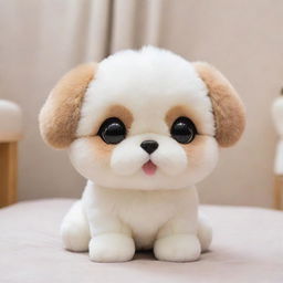 An adorable kawaii-style dog with wide, twinkling eyes and a plush, rounded body. Its fur shimmers in the light and it carries a happy and charming expression on its face.