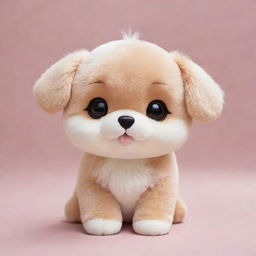 An adorable kawaii-style dog with wide, twinkling eyes and a plush, rounded body. Its fur shimmers in the light and it carries a happy and charming expression on its face.