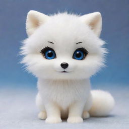 A cute kawaii-style arctic fox with large sparkling eyes and a fluffy, rounded body. Its fur is a pristine white, giving it a whimsical and charming look, and its expression is one of pure joy.