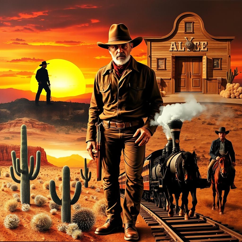 A vivid and engaging collage inspired by classic Western films, featuring iconic elements such as a lone cowboy silhouetted against a dramatic sunset, rugged desert landscapes with cacti and tumbleweeds, a vintage saloon with swinging doors, and a steam locomotive crossing a wooden bridge