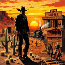 A vivid and engaging collage inspired by classic Western films, featuring iconic elements such as a lone cowboy silhouetted against a dramatic sunset, rugged desert landscapes with cacti and tumbleweeds, a vintage saloon with swinging doors, and a steam locomotive crossing a wooden bridge