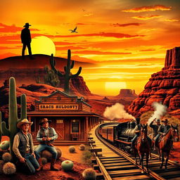 A vivid and engaging collage inspired by classic Western films, featuring iconic elements such as a lone cowboy silhouetted against a dramatic sunset, rugged desert landscapes with cacti and tumbleweeds, a vintage saloon with swinging doors, and a steam locomotive crossing a wooden bridge