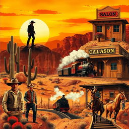 A vivid and engaging collage inspired by classic Western films, featuring iconic elements such as a lone cowboy silhouetted against a dramatic sunset, rugged desert landscapes with cacti and tumbleweeds, a vintage saloon with swinging doors, and a steam locomotive crossing a wooden bridge