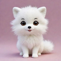 A cute kawaii-style arctic fox with large sparkling eyes and a fluffy, rounded body. Its fur is a pristine white, giving it a whimsical and charming look, and its expression is one of pure joy.