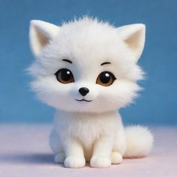 A cute kawaii-style arctic fox with large sparkling eyes and a fluffy, rounded body. Its fur is a pristine white, giving it a whimsical and charming look, and its expression is one of pure joy.