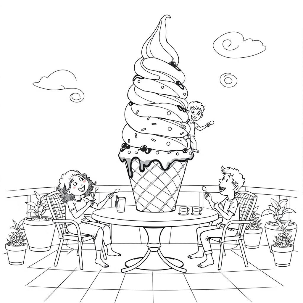 A surreal, fictional coloring page with clearly defined lines on a white background