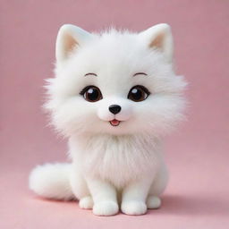 A cute kawaii-style arctic fox with large sparkling eyes and a fluffy, rounded body. Its fur is a pristine white, giving it a whimsical and charming look, and its expression is one of pure joy.