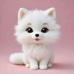 A cute kawaii-style arctic fox with large sparkling eyes and a fluffy, rounded body. Its fur is a pristine white, giving it a whimsical and charming look, and its expression is one of pure joy.