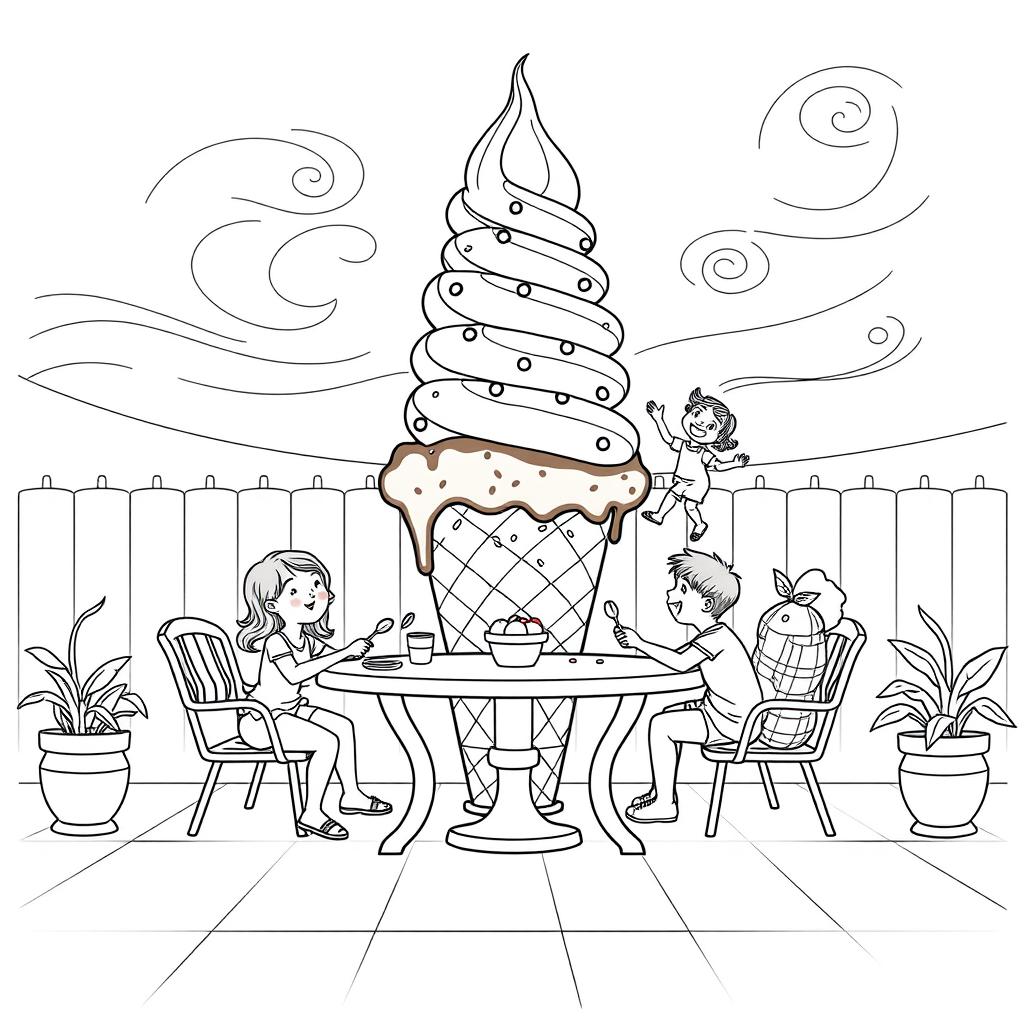 A surreal, fictional coloring page with clearly defined lines on a white background