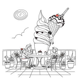 A surreal, fictional coloring page with clearly defined lines on a white background