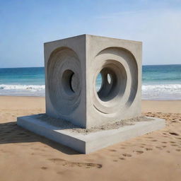 An intricate and unique architectural sculpture, made from a 6 by 6 meters cube of concrete, situated on a beautiful beach with waves gently crashing nearby