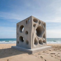 An intricate and unique architectural sculpture, made from a 6 by 6 meters cube of concrete, situated on a beautiful beach with waves gently crashing nearby