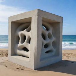 An intricate and unique architectural sculpture, made from a 6 by 6 meters cube of concrete, situated on a beautiful beach with waves gently crashing nearby