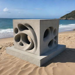 An intricate and unique architectural sculpture, made from a 6 by 6 meters cube of concrete, situated on a beautiful beach with waves gently crashing nearby