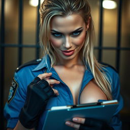 Close-up of a stunning female officer with wet blonde hair, adorned in a revealing blue police shirt that highlights her cleavage