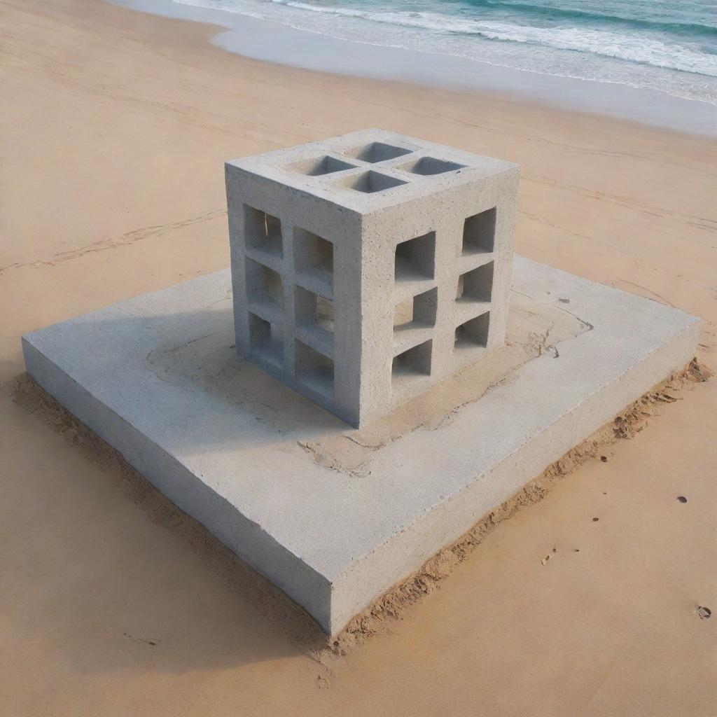 An intricate and unique architectural sculpture, created from a 6 by 6 meters cube of concrete, placed perfectly on a beautiful sandy beach