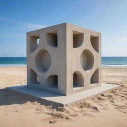 An intricate and unique architectural sculpture, created from a 6 by 6 meters cube of concrete, placed perfectly on a beautiful sandy beach