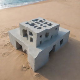 An intricate and unique architectural sculpture, created from a 6 by 6 meters cube of concrete, placed perfectly on a beautiful sandy beach