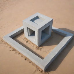 An intricate and unique architectural sculpture, created from a 6 by 6 meters cube of concrete, placed perfectly on a beautiful sandy beach