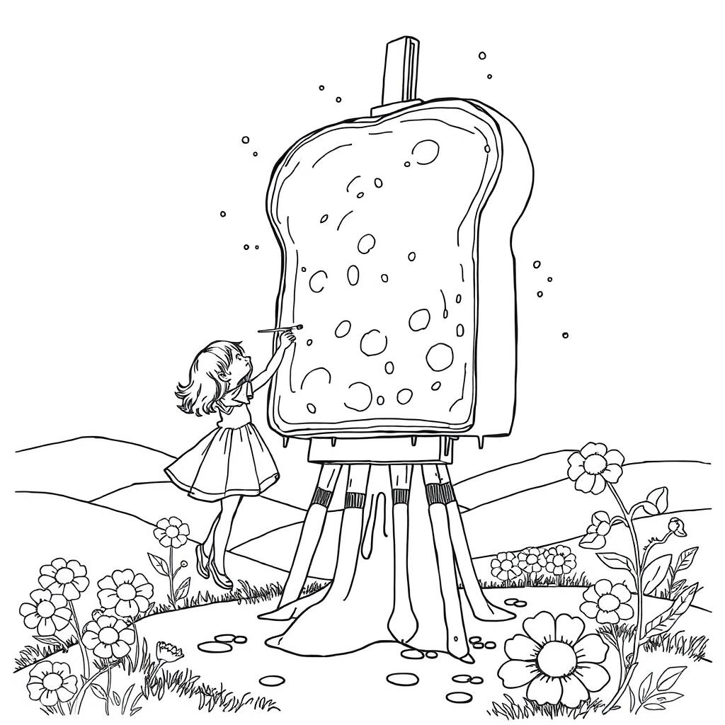 A surreal coloring page featuring a small girl painting a massive painting shaped like a giant slice of bread