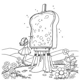 A surreal coloring page featuring a small girl painting a massive painting shaped like a giant slice of bread