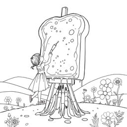 A surreal coloring page featuring a small girl painting a massive painting shaped like a giant slice of bread