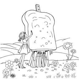 A surreal coloring page featuring a small girl painting a massive painting shaped like a giant slice of bread