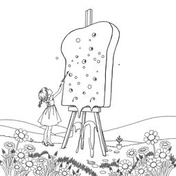 A surreal coloring page featuring a small girl painting a massive painting shaped like a giant slice of bread